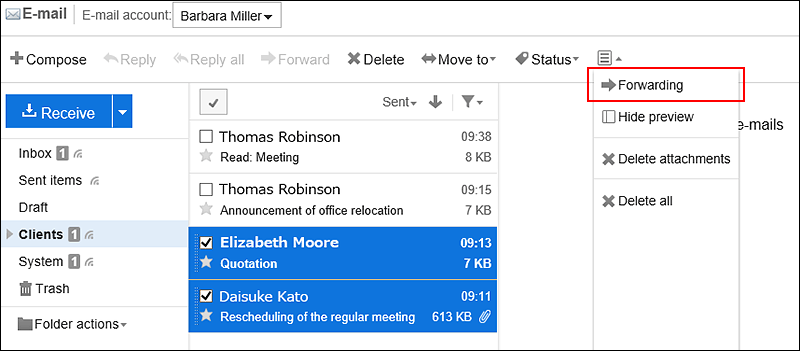 Screenshot: Link of 'Forwarding' is highlighted in the e-mail preview screen