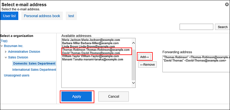 Image setting up the recipients from the address book