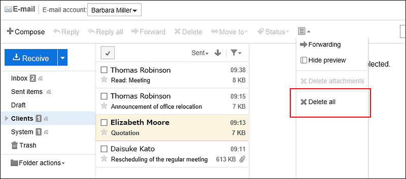 Screenshot: Link to delete all e-mails in the folder is highlighted in the e-mail preview screen