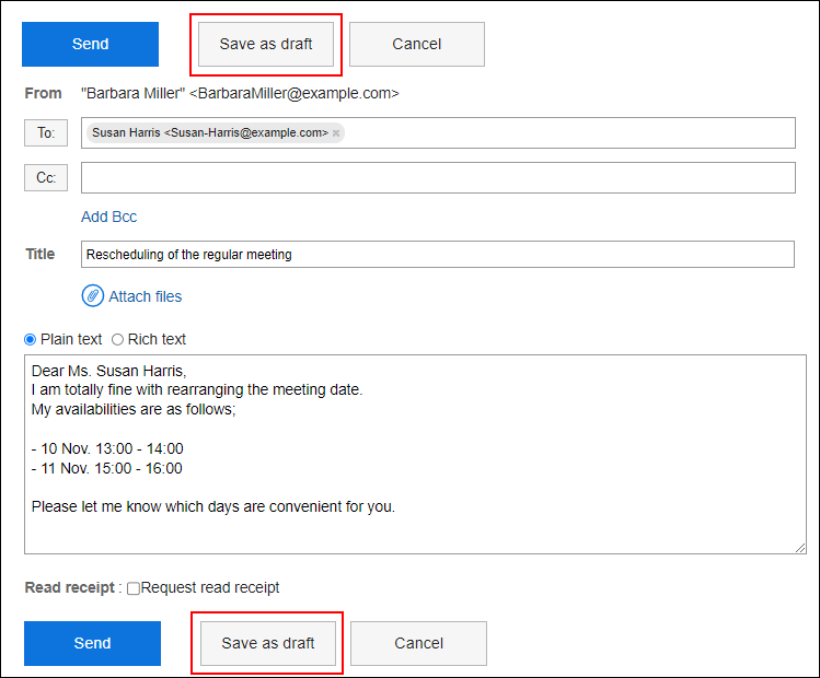 Screenshot: Compose e-mail screen in which the "Save as draft" button is highlighted