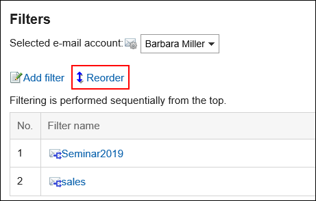 Image of the action link for reordering filters