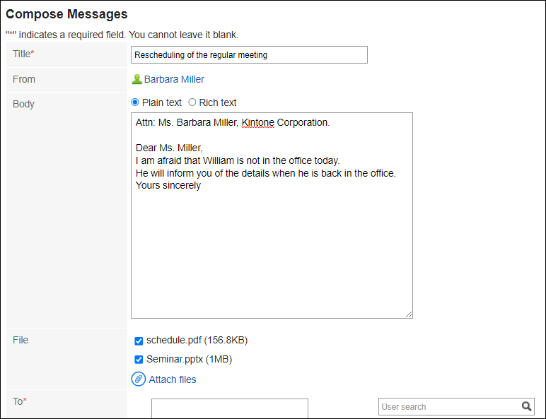 Screenshot: The "Compose Messages" screen with the contents forwarded from the selected e-mail