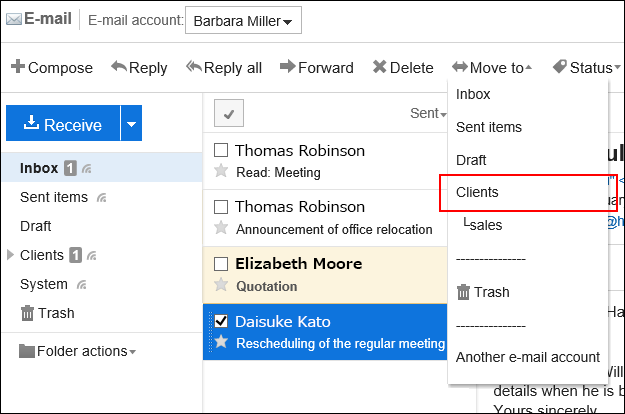 Screenshot: Destination folder is displayed in the e-mail preview screen