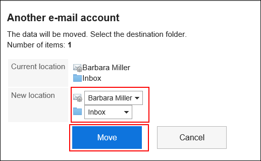 Screenshot: "Another e-mail account" screen. An action link to move is highlighted