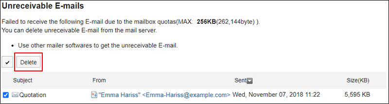 Screenshot: A screen with a list of e-mails which could not be received. The Delete button is highlighted
