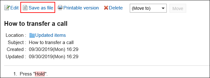 Image of an action link for export to a file