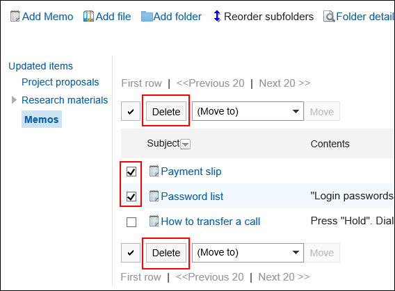 Image of selecting memos to delete