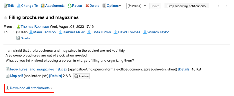 Screenshot: The "Download all attachments" action link is highlighted in the "Messages details" screen