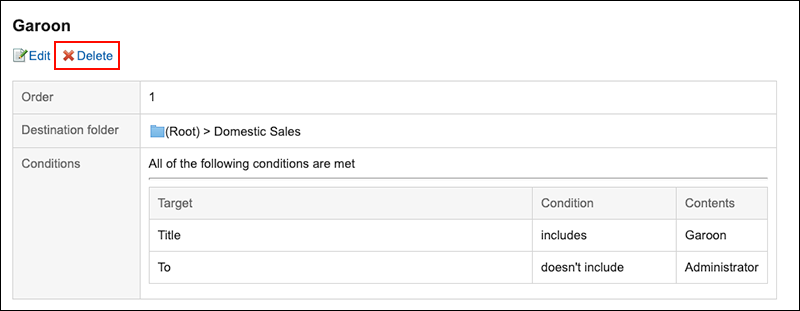 Screenshot: The "Delete" link is highlighted in the details screen