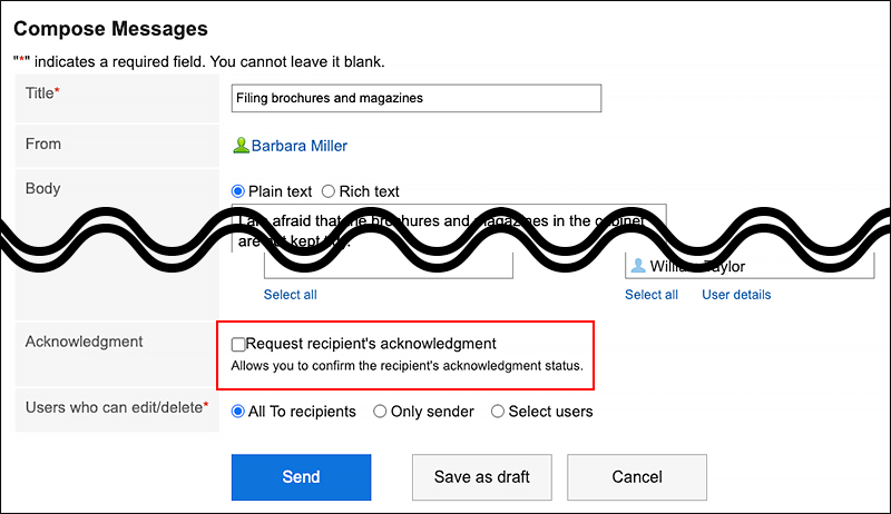 Screenshot: The "Request recipient's acknowledgment" is not selected on the "Compose Messages" screen