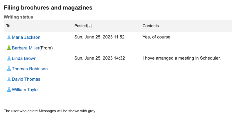 Screenshot: The "Writing status" screen for the message with the title "About managing catalogs"