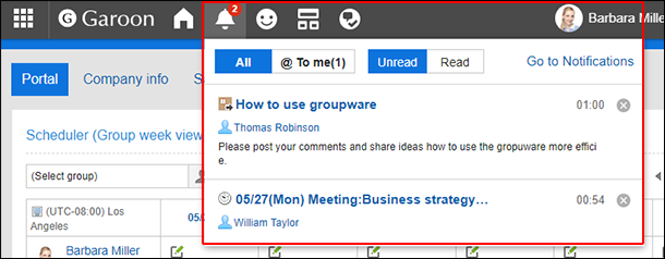 Screenshot: An example of the top page with notifications displayed after clicking the Updates icon