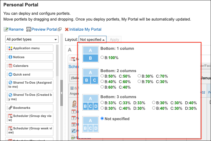 Screenshot: Configuring the layout of the portal on the "My Portal settings" screen