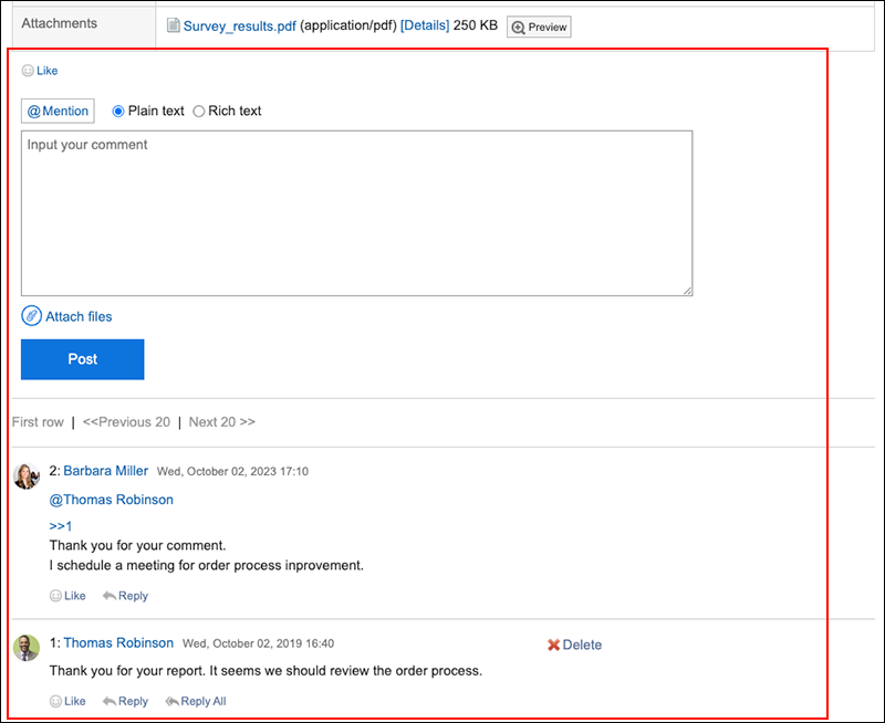 Screen capture: Comment in a report