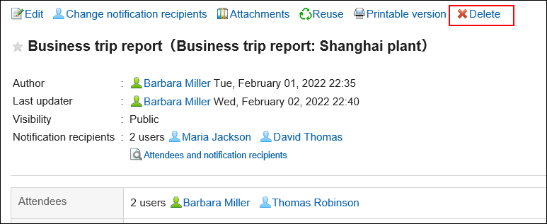 Screen capture: Action link for deletion