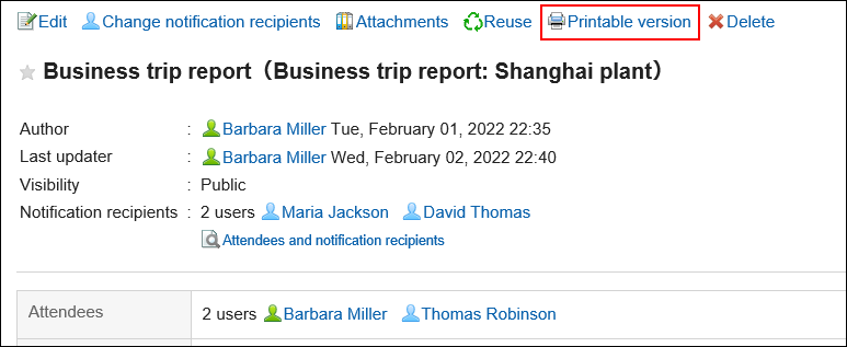 Screen capture: Action link for printable version