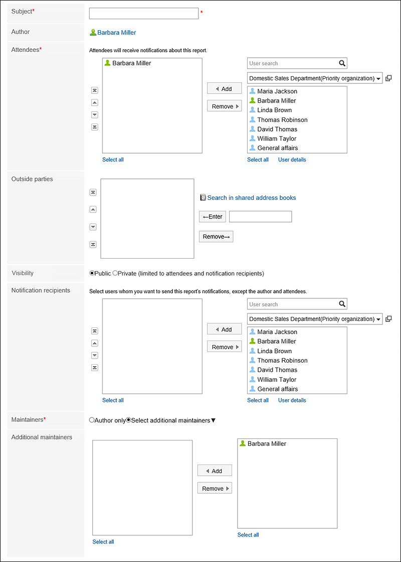 Screen capture: Report settings