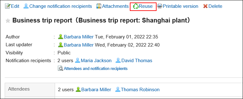 Screen capture: Action link to reuse