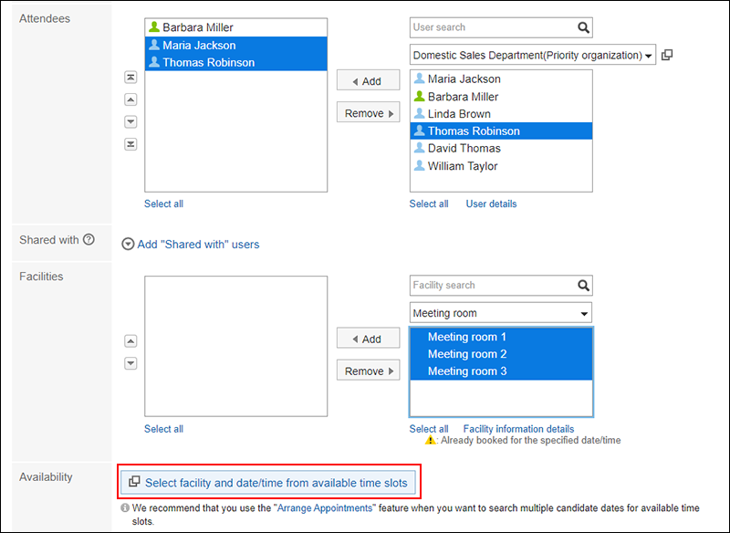 Screen capture: Link to select facility and date/time from available time slots