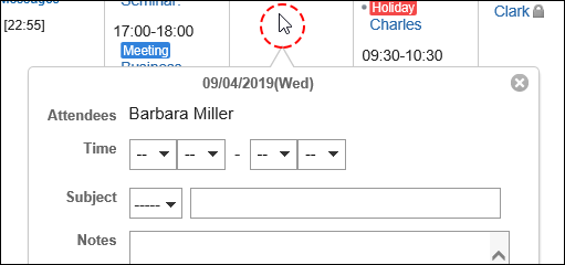 Image of a pop-up window on the Group week view screen