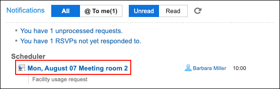 Screenshot: The title of the appointment whose "Facility usage request" should be confirmed is highlighted in the "Notifications" portlet