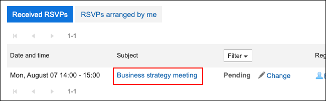 Screenshot: On the "List of RSVPs" screen, the title of the appointment to which you send your RSVP is highlighted .