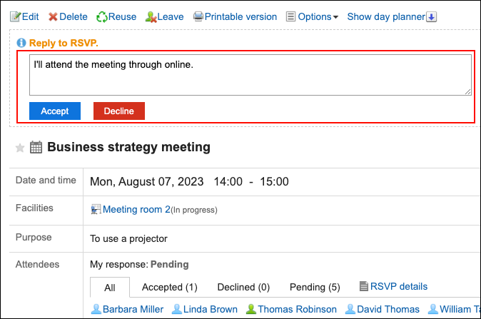 Screenshot: The appointment details screen showing a field to enter the response about whether you accept or decline the request