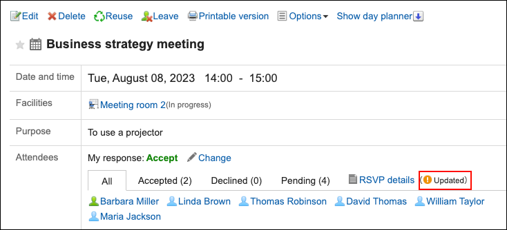 Screenshot: In the appointment details screen, "Updated" is displayed on the right of the "RSVP details" link