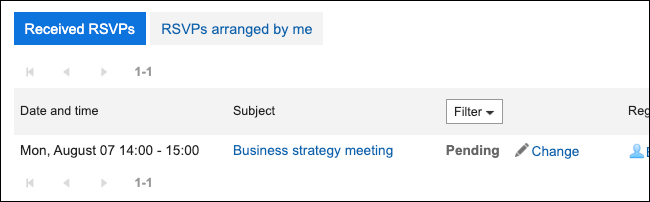 Screenshot: The list of RSVPs screen which shows received RSVPs