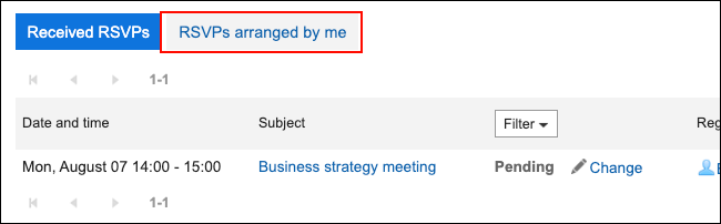 Screenshot: The link of "RSVPs arranged by me" is highlighted in the "List of RSVPs" screen