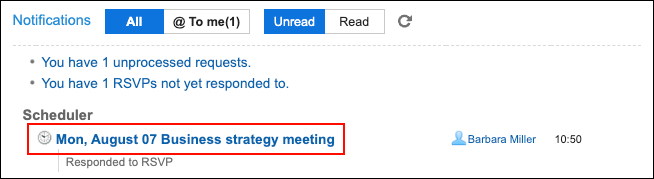 Screenshot: On the Notifications" portlet, the title of the appointment where the "Responded to RSVP" is displayed is highlighted
