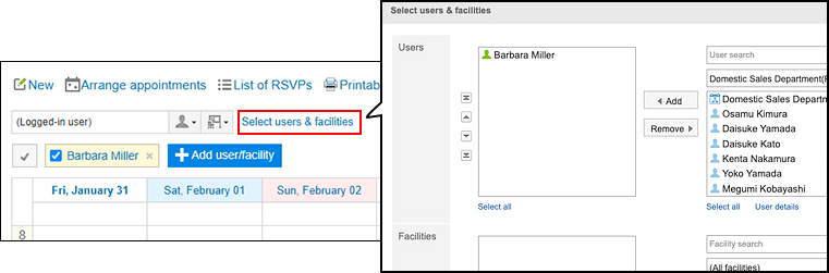 Screenshot: Week view screen. The Select users & facilities link is highlighted