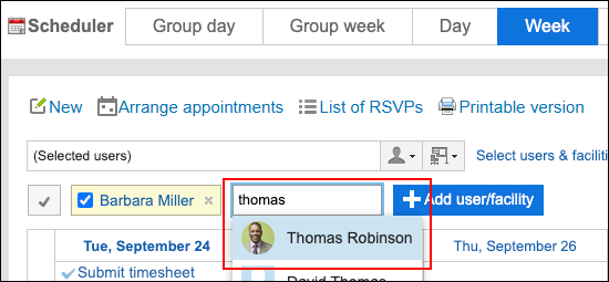 Screenshot: Week view screen. The "Add user/facility" button link and the input field are highlighted