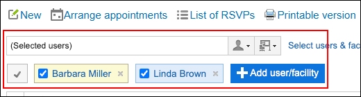 Screenshot: Week view screen. The "Add user/facility" button link and the input field are highlighted