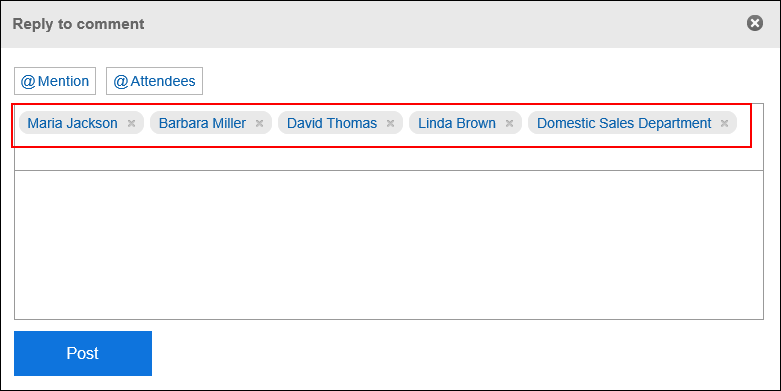 Screen capture: Sender of the original comment, and users (except yourself), organizations, and roles specified as recipients in the original comment are set on the "Appointment details" screen