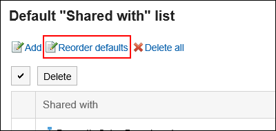 Screen capture: The "Default Shared with list" screen