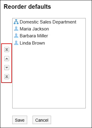 Screen capture: Reordering default Shared with users on the "Reorder defaults" screen