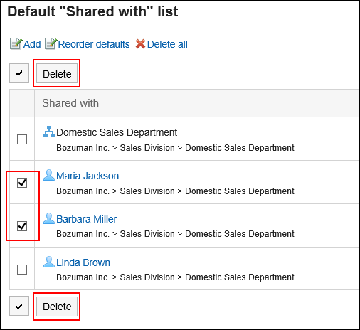 Screen capture: The "Default Shared with list" screen