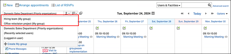 Screen capture: In the Scheduler screen, My group is displayed in the dropdown list for selecting the target to display appointments