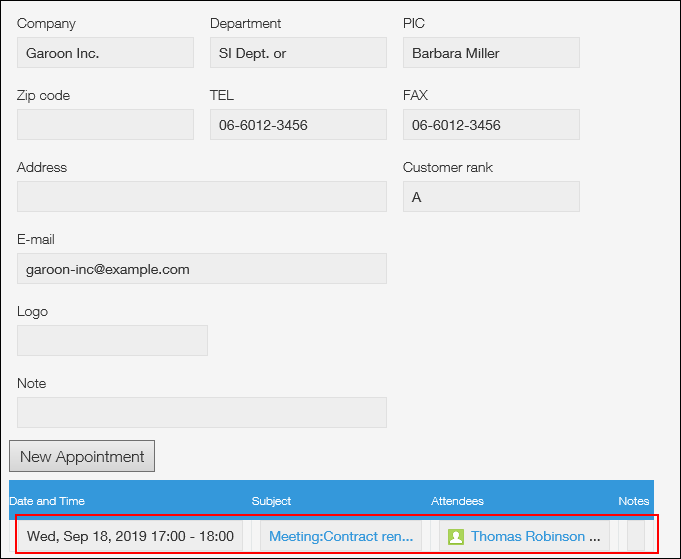 Image with Garoon appointments displayed in the kintone app