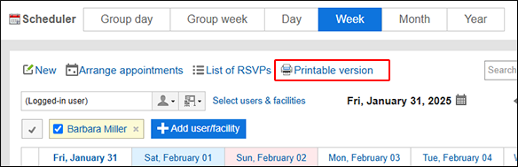 Screenshot: The "Printable version" link is highlighted in the Week view