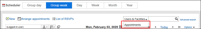 Screenshot: The Group week screen, selecting "Appointments" from the dropdown list to switch the target to search