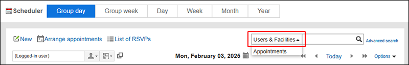 Screenshot: The Group day screen, selecting "Users & Facilities" from the dropdown list to switch the target to search