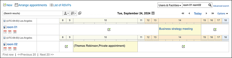 Screenshot: The Scheduler screen showing the search result for facilities