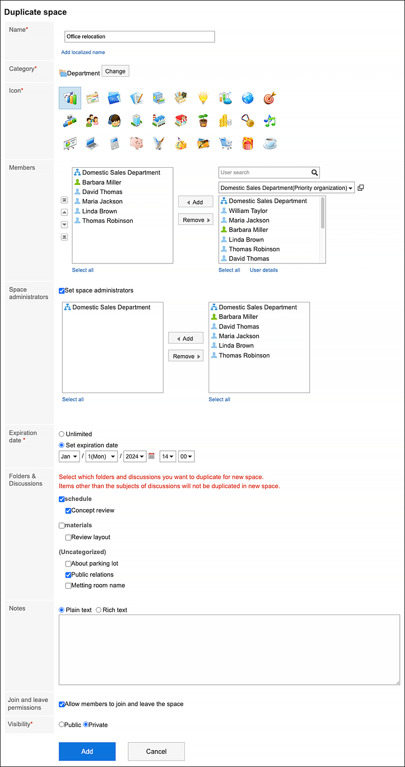 Screenshot: The "Duplicate space" screen with inherited data from the original space