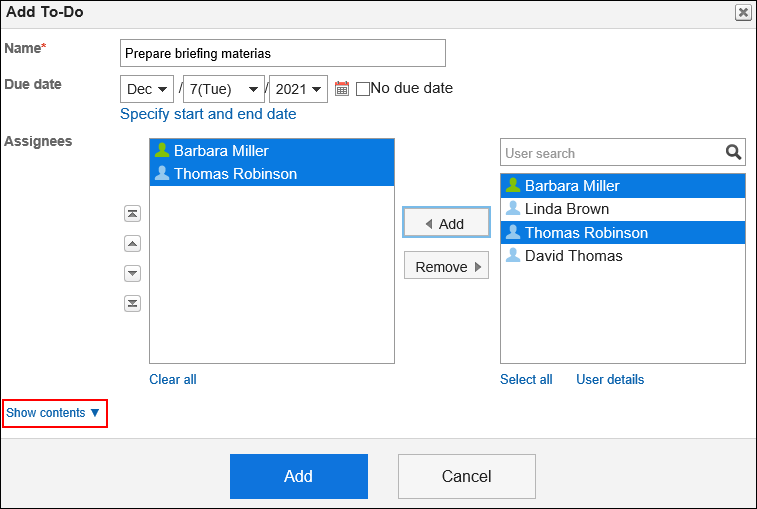 Screen capture: An action link to display the content
