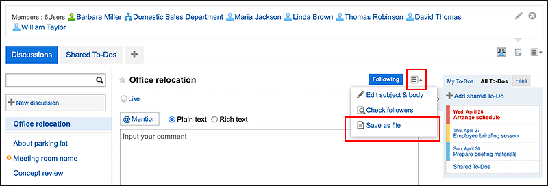 Screenshot: Link to Save as file is highlighted in the Discussion screen