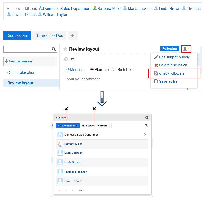 Screen capture: Showing the follower members of a discussion