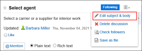 Screen capture: Action link to change subject and body