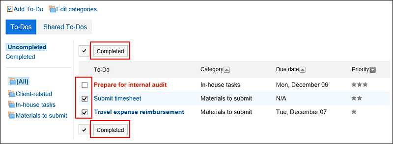 Screen capture: Selecting To-Do to complete